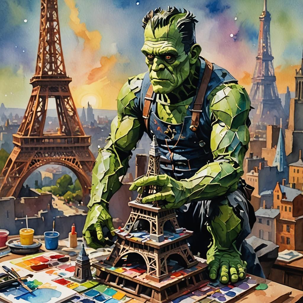 Frankenstein's Impressionist Eiffel Tower: Gouache Watercolo...
