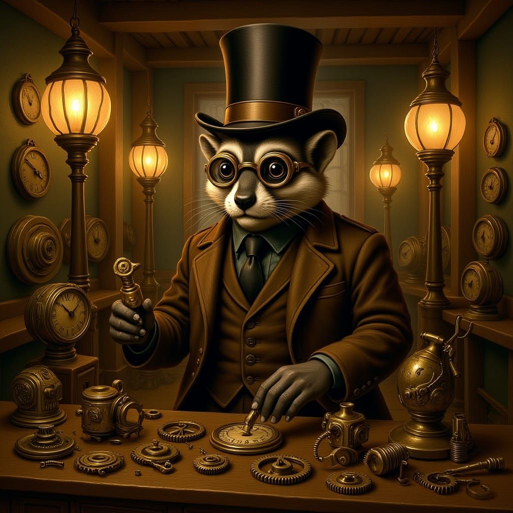 Meerkat Merchant Bartering in Steampunk Marketplace
