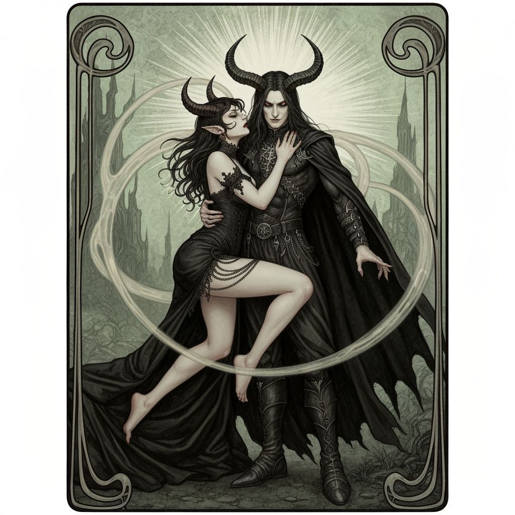 Demonic Goddess and Horned God in Art Nouveau Gothic Style