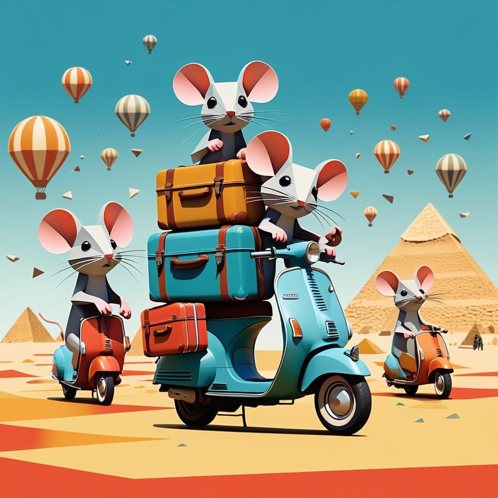 Whimsical Chibi Mice on Vespa in Vibrant, Geometric Style