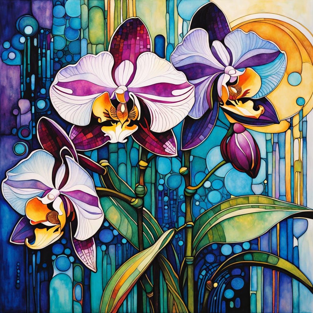 Intricate Orchid Macro Study in Mixed Media Style