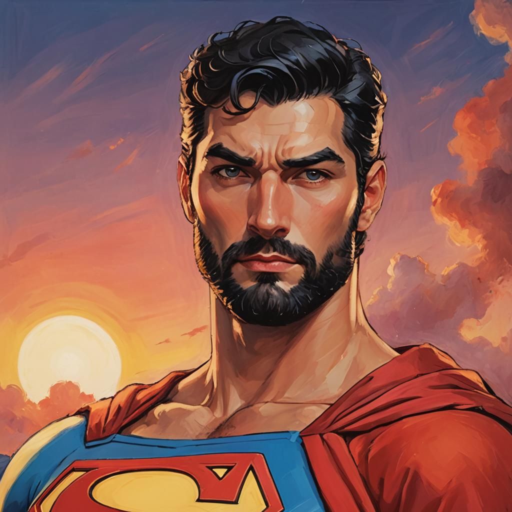 Bearded Superman at Sunset in Impressionist Oil Painting