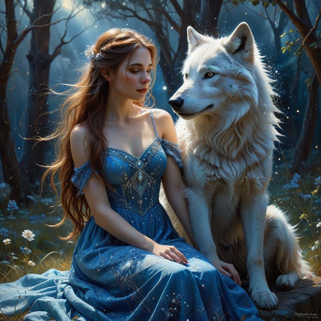 Young Girl Enchants a Majestic White Wolf with Magical Reali...