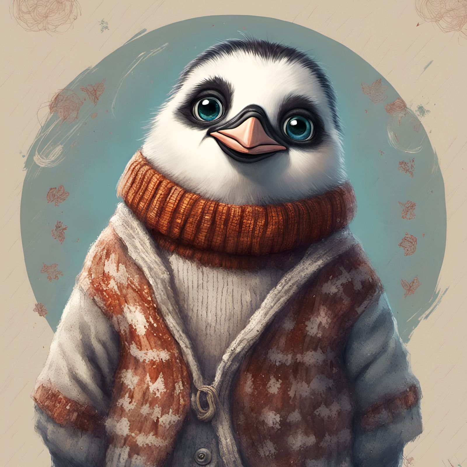 Adorable Ragdoll Penguin Portrait in Digital Illustration St...