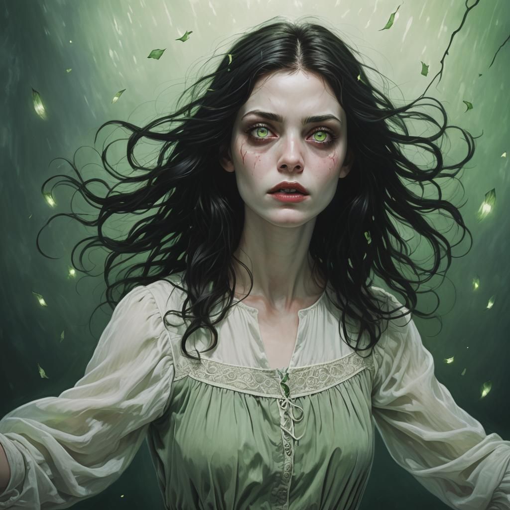 Possessed Woman Floating with Pale Green Eyes