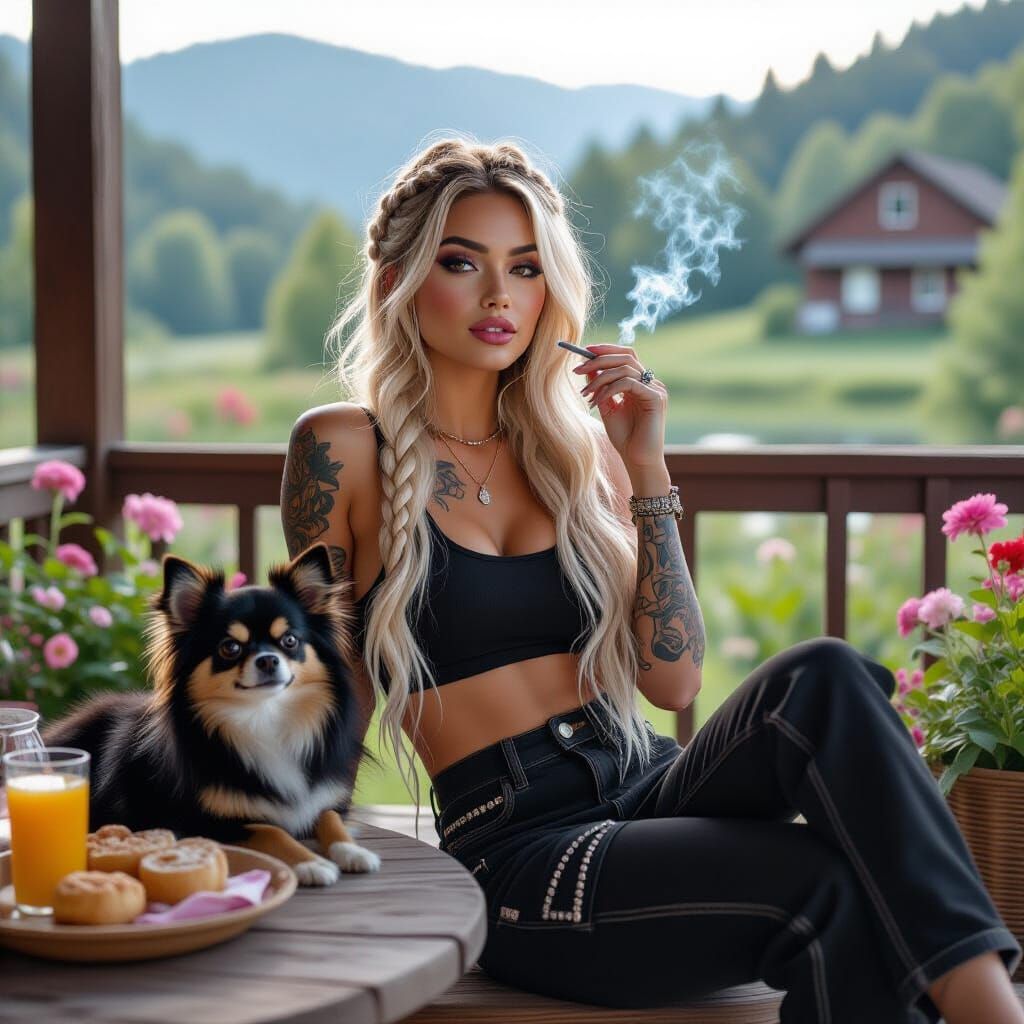 Woman with Chihuahua on Misty Porch