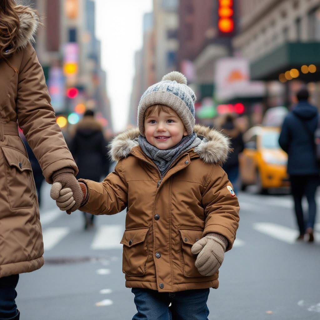 Boy and Mother in New York: Whimsical Illustration