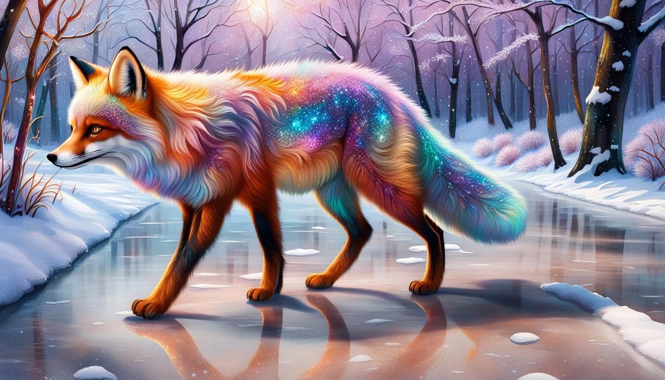 Iridescent Ice Fox on Leash, Sparkling