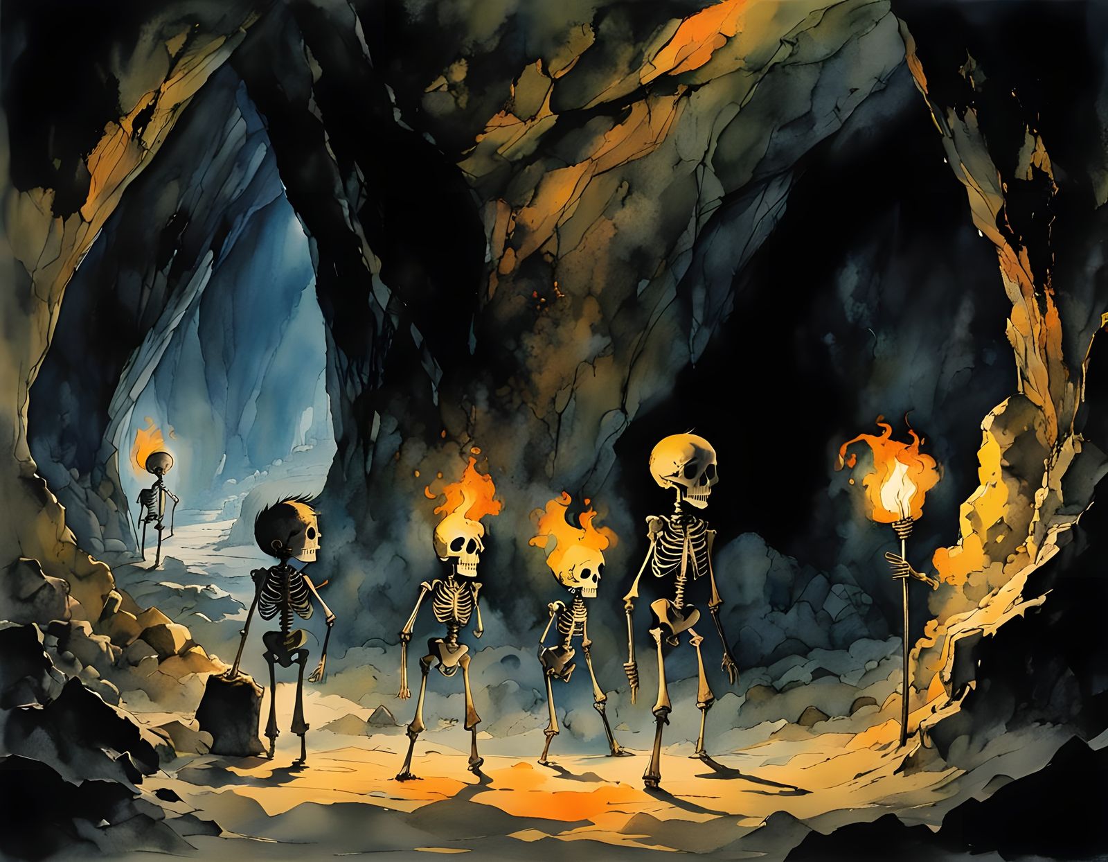 Three Children in a Haunting Cave Scene