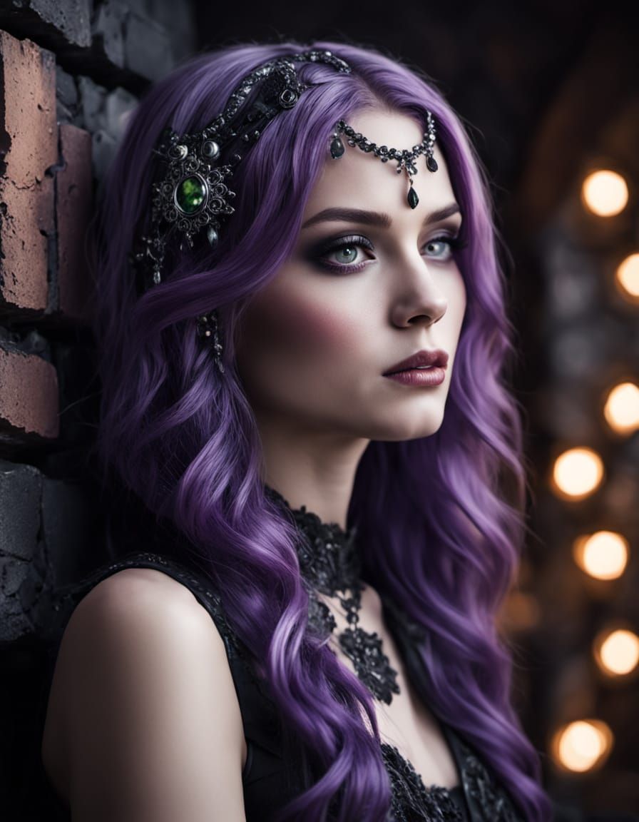 Gothic Woman in Lavender Locks Reigns from Throne of Skulls