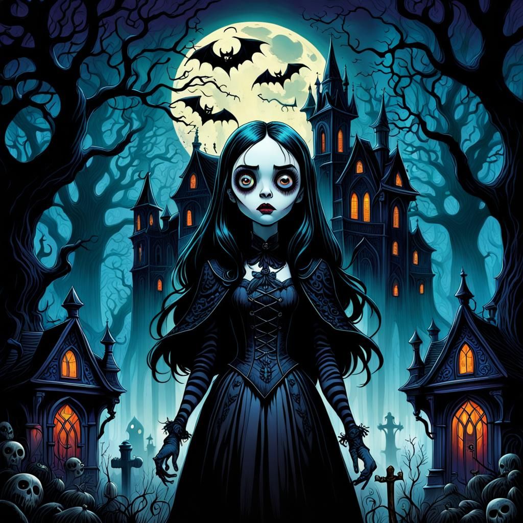 Eerie Haunted Scene with Gothic Girl in Art Nouveau Style