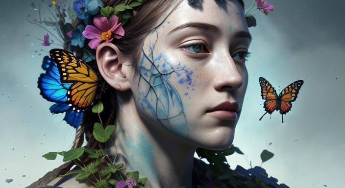 Open Stone Head with Floating Gardens: Surreal Concept Art