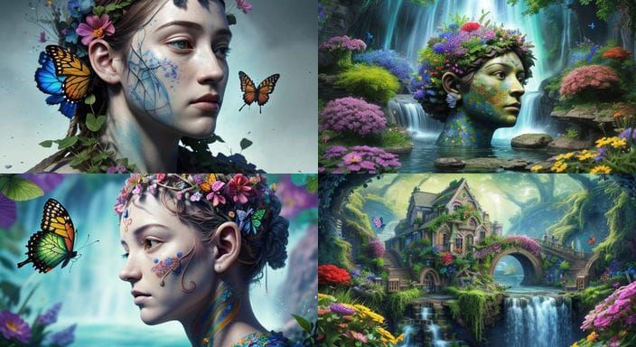 Surreal Stone Head with Floating Garden Brain