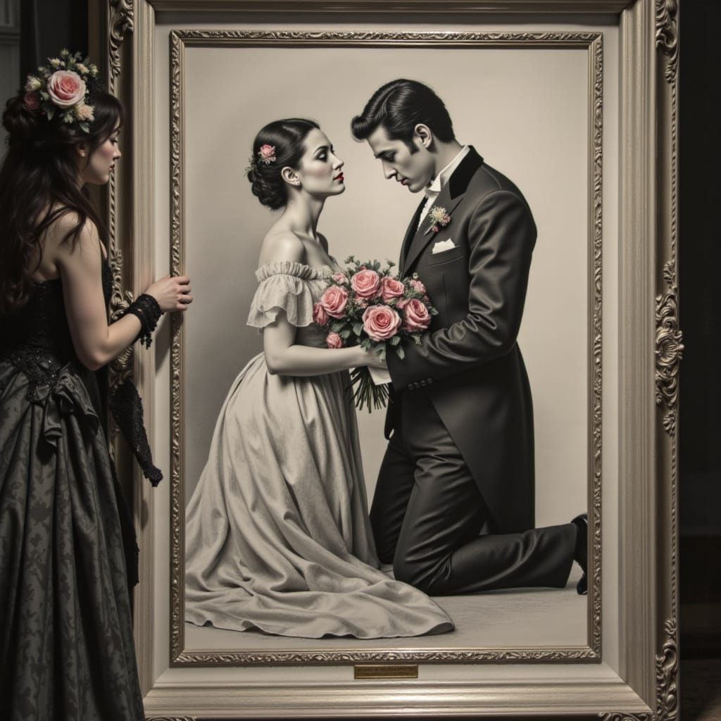 Victorian Gentleman Gifts Roses in Charcoal Art