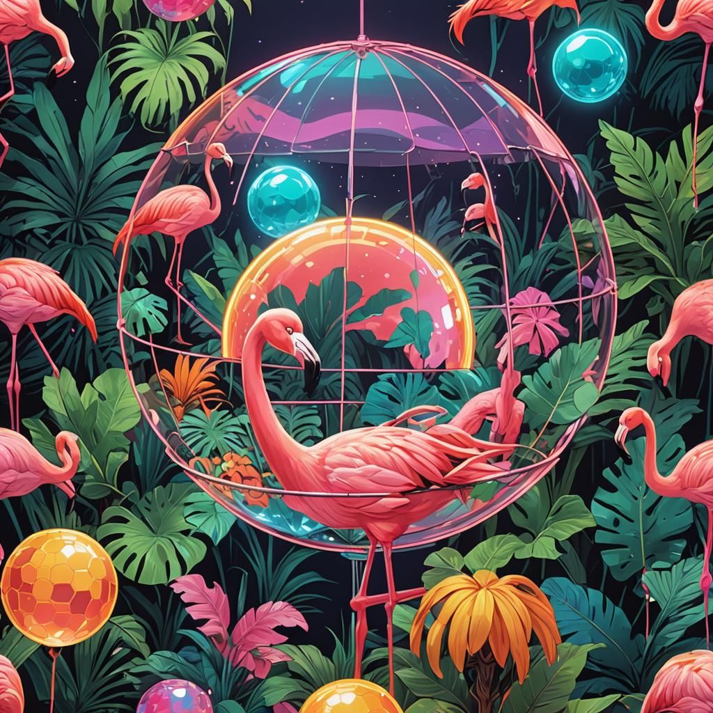Flamingo Disco Ball in Retro-Futuristic Neon Jungle