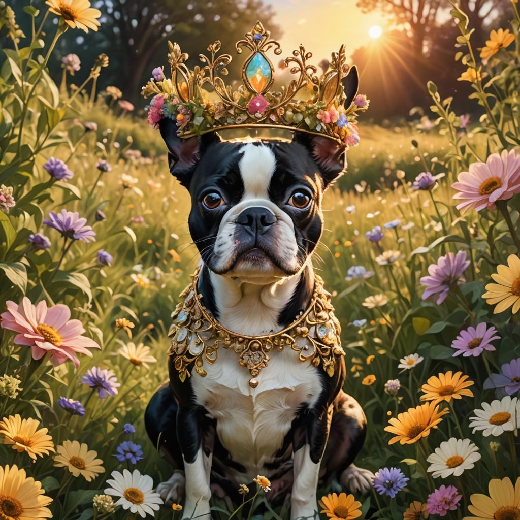Boston Terrier with Flower Crown in Golden Light