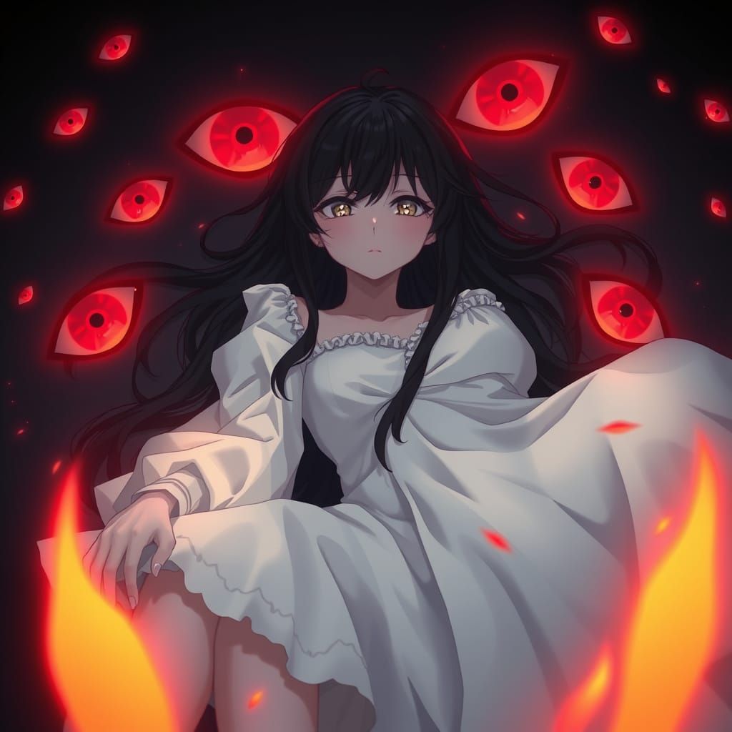 Sad Woman Surrounded by Eyes in 3D Anime Style