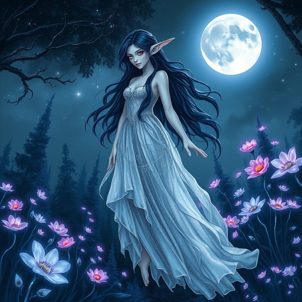 Ethereal Fae Goddess in Shimmering Moonlit Gown