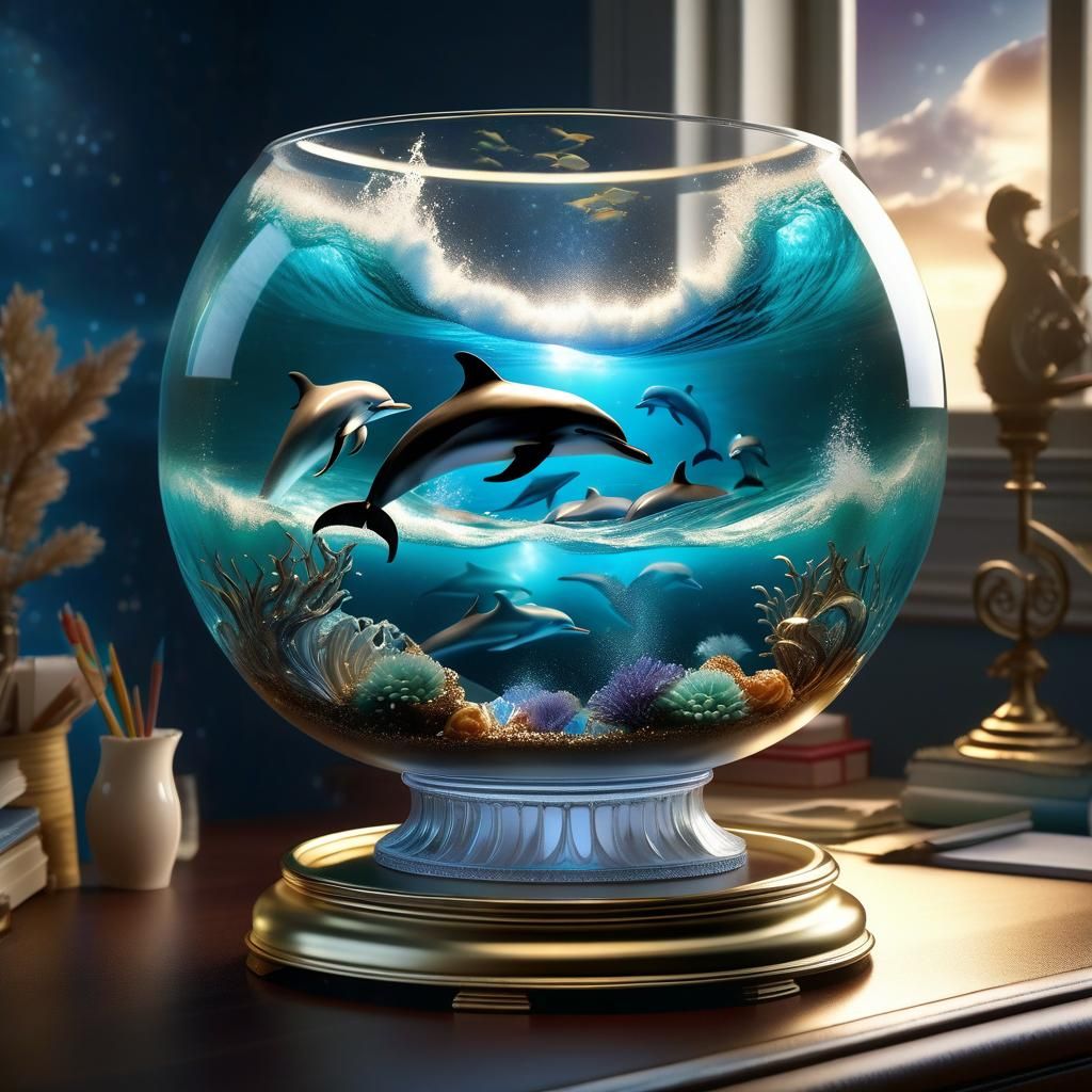 Girl with Miniature Dolphins in Glass Bowl