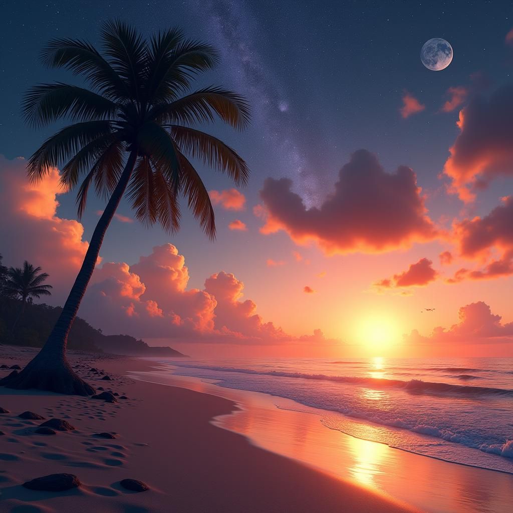 Sunset Beach with Planets, Digital Matte Painting