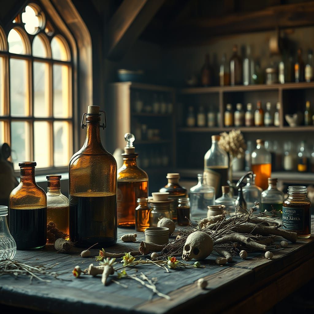 Mysterious Medieval Pharmacy Laboratory in Hyperrealistic St...