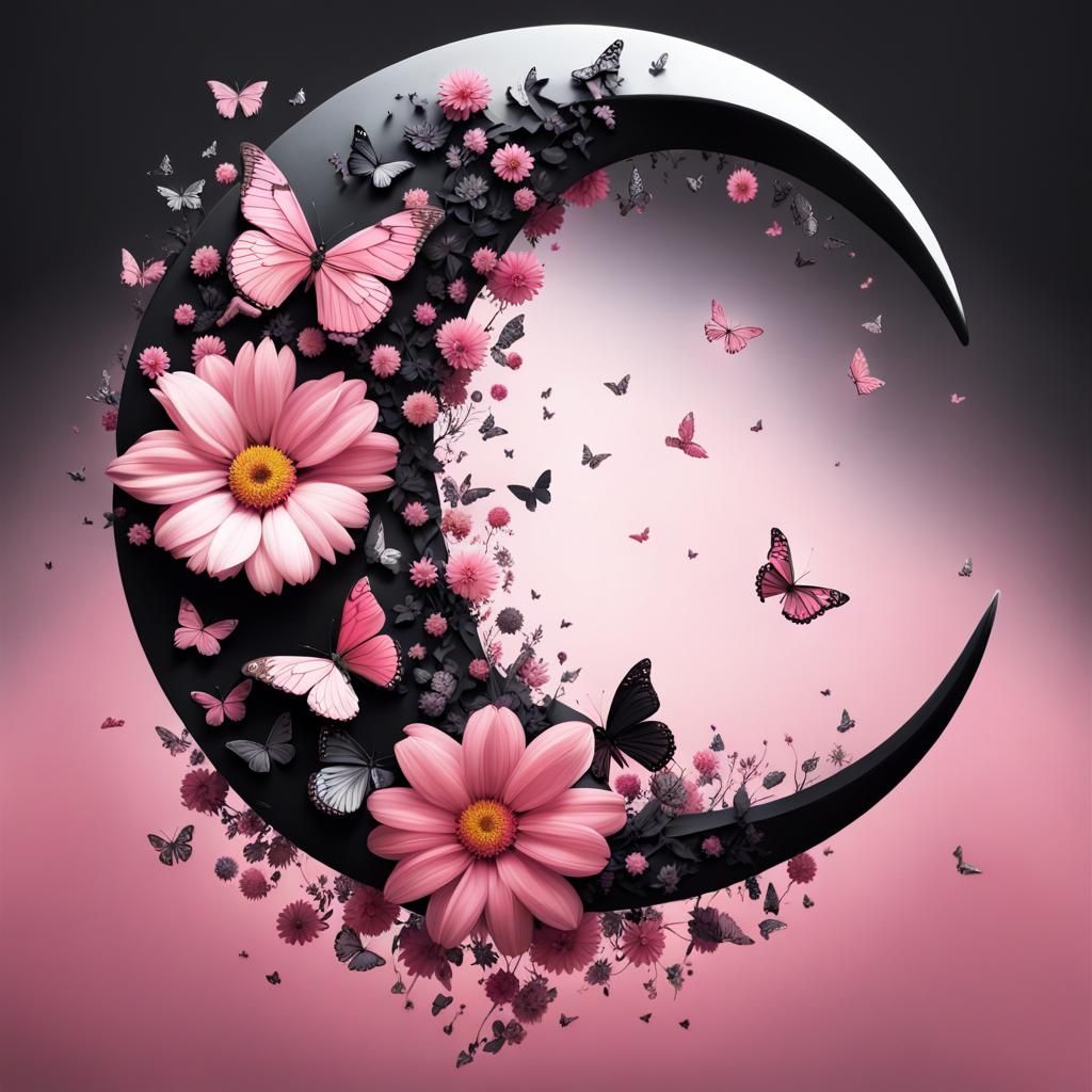 Floral Crescent Moon with Butterflies: Hyperrealistic Concep...