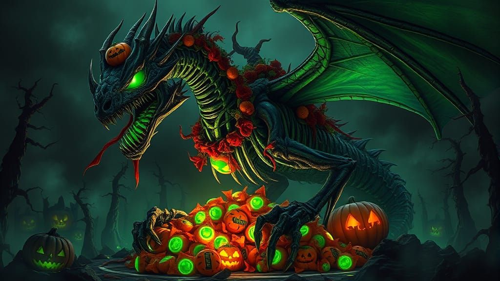 Skeletal Dragon Hoards Glowing Candy in Gothic Fantasy Art