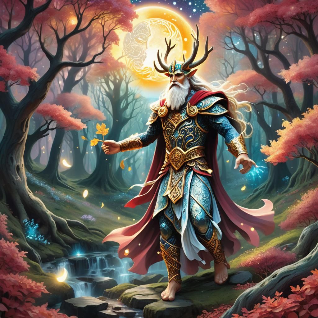 Mani Dances in Svartalf Grove: Surreal Illustration