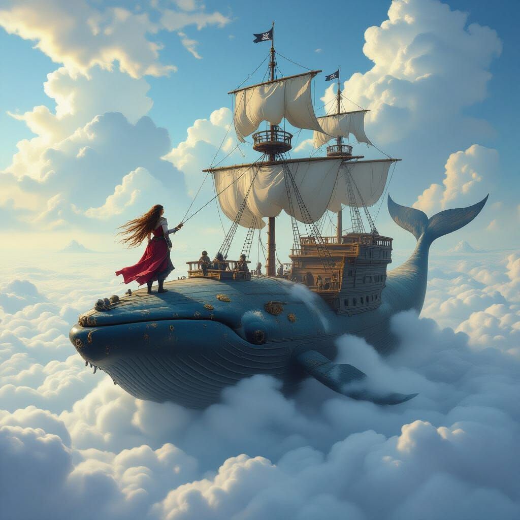 Colossal Pirate Woman on Whale Sky-Ship in Cloud Sea