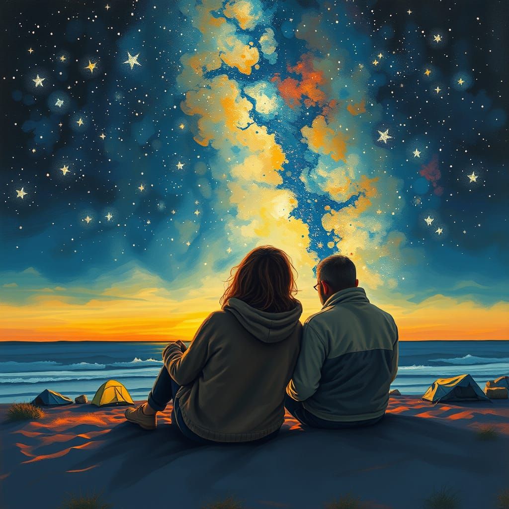 Couple Camping Under Starry Sky: Neo-Impressionist Style