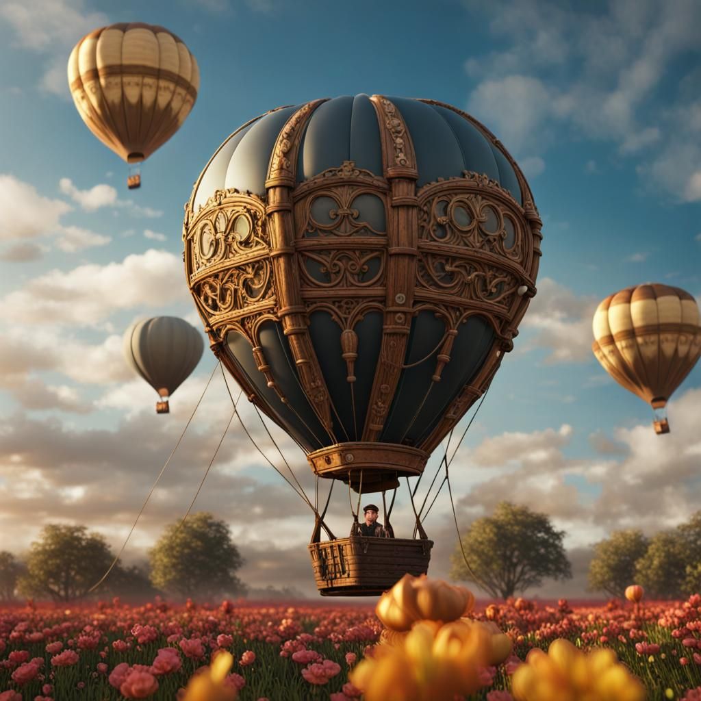 Steampunk Hot Air Balloon Over Flower Field