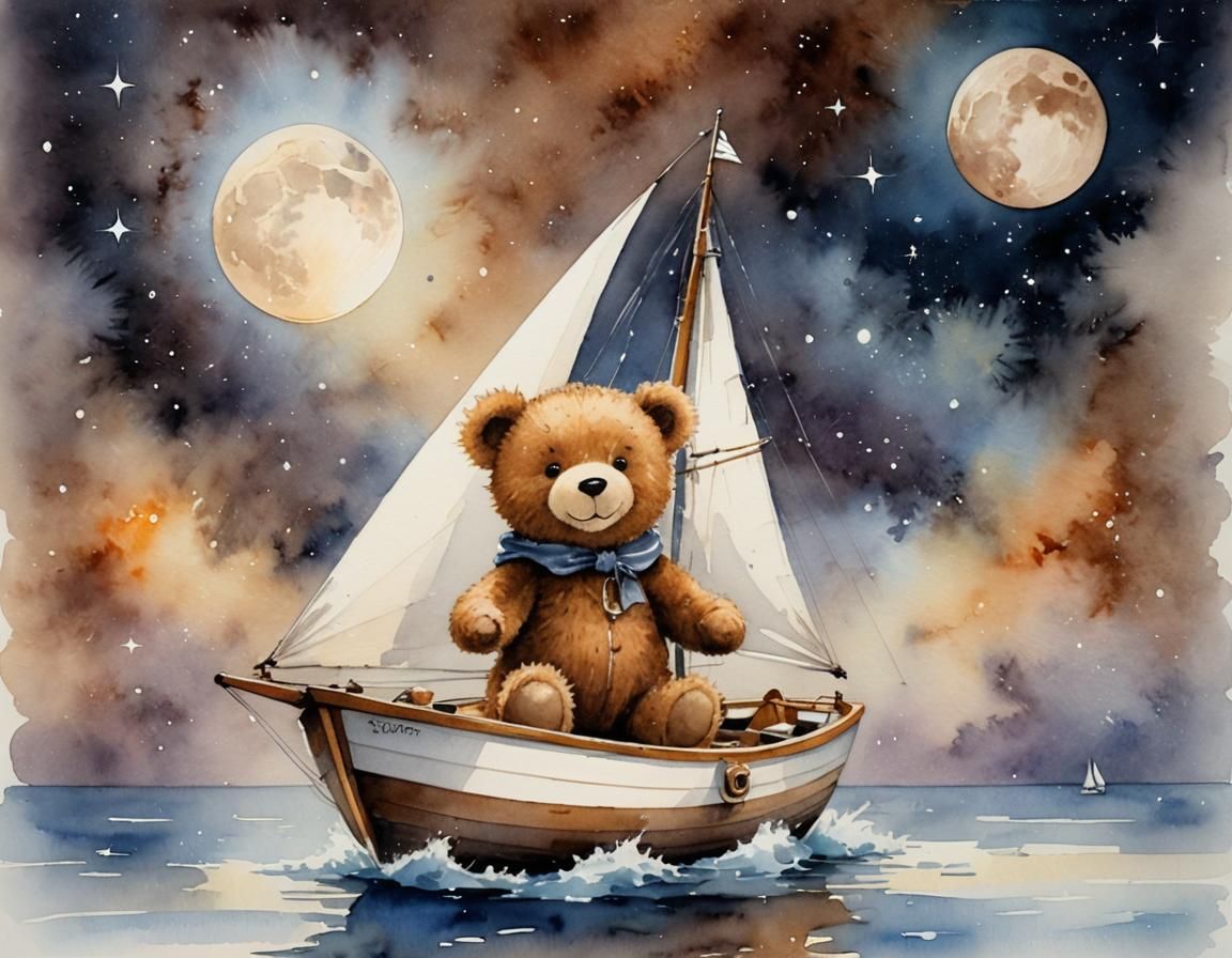 Teddy Bear Sailing Through the Universe in Watercolor