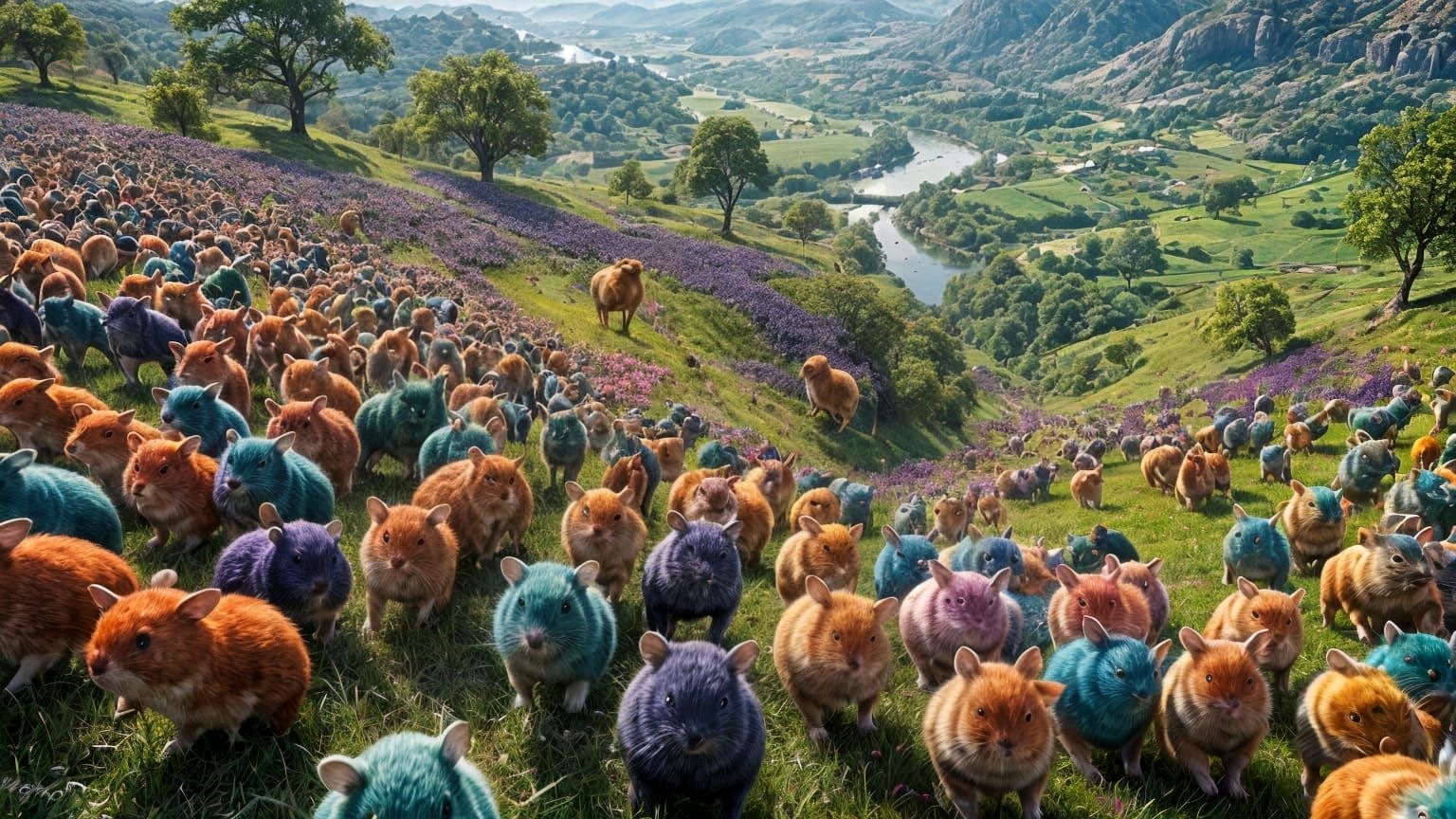Colorful Hamster Army Runs Through Countryside