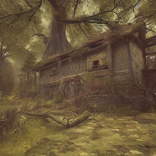 Dilapidated Cottage in Overcast Woods: Matte Painting