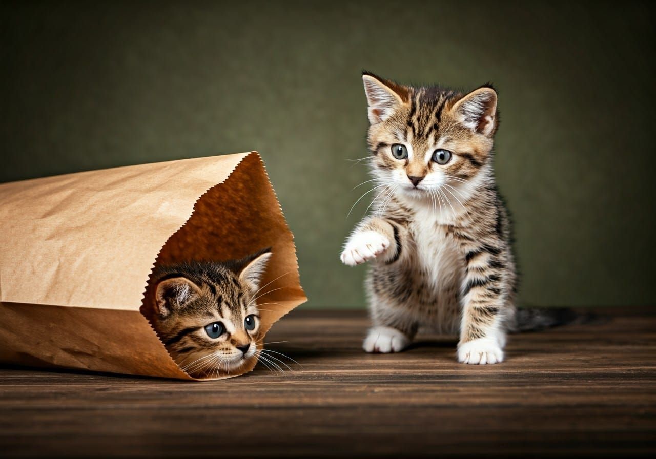 Playful Kittens Leap from Paper Bag, Photorealistic