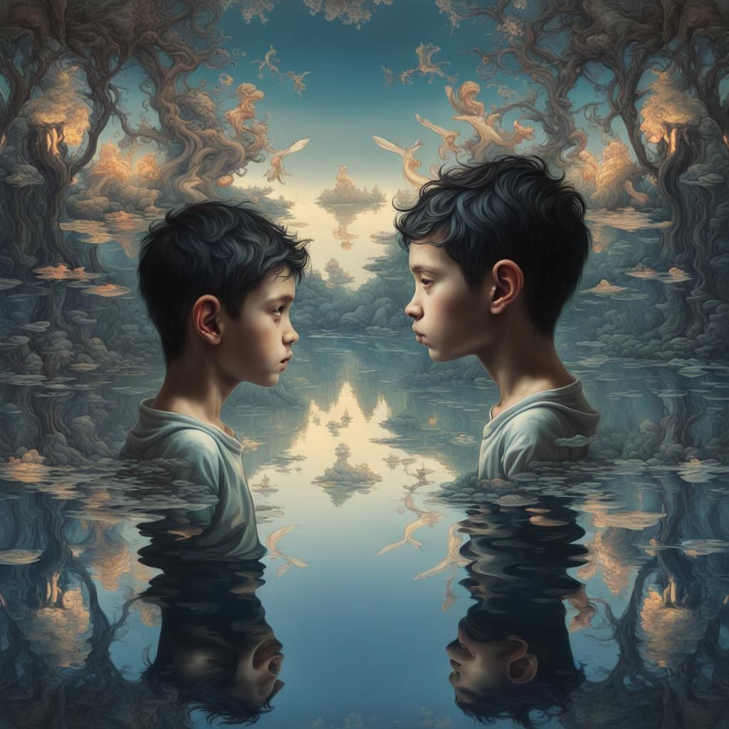 Boy's Mirrored Reflection at Twilight: Fantasy Art