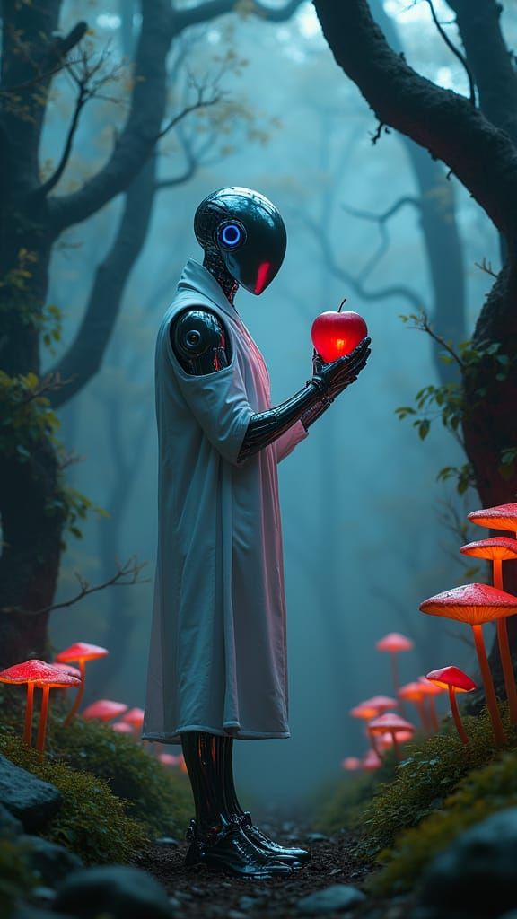 Robot in Neon Garden Considers Bitten Apple