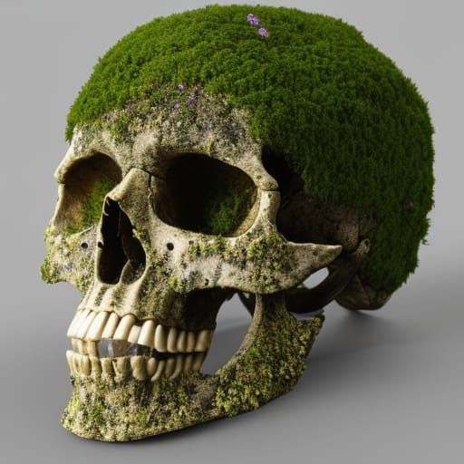 Moss-Covered Skull in Field of Flowers: Detailed Concept Art