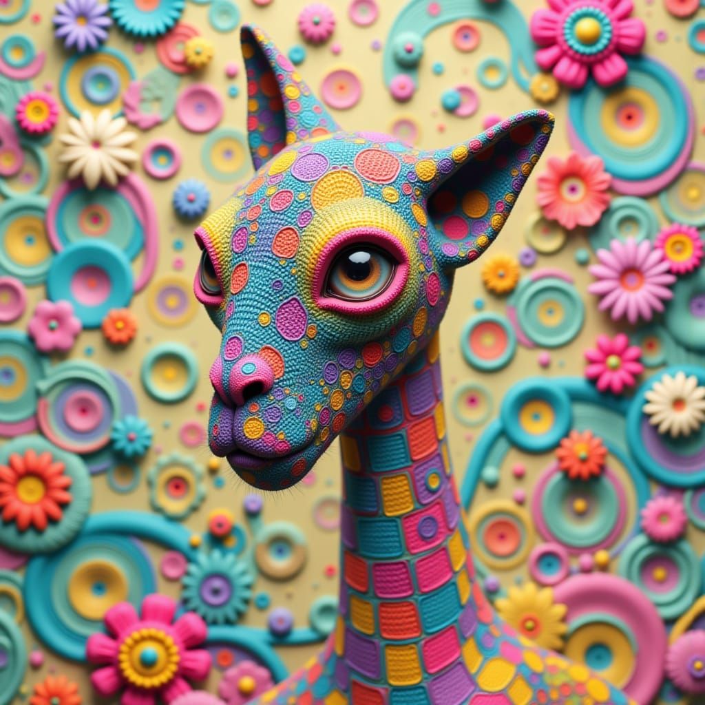Surreal 3D Creature: Cat-Giraffe Hybrid in Psychedelic Anime...