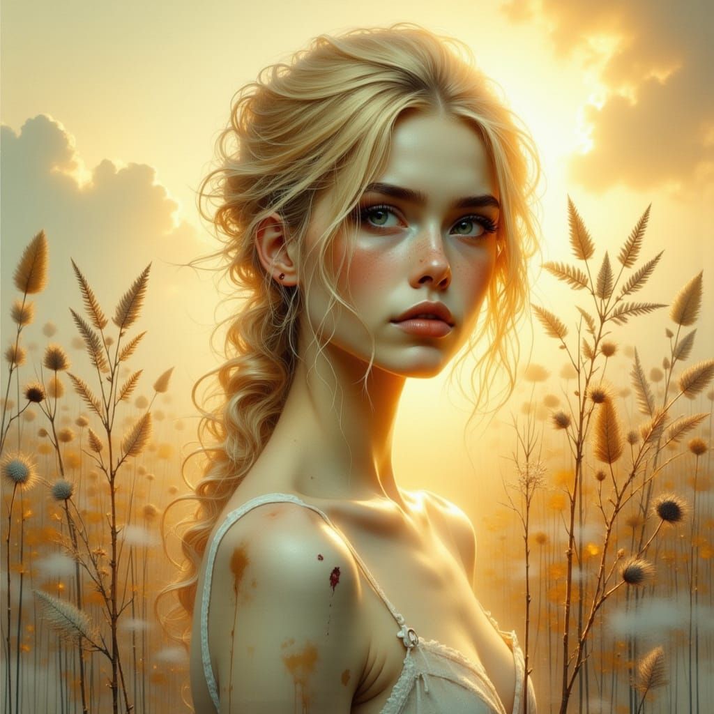 Resilient Blonde Woman with Scars in Dreamlike Setting