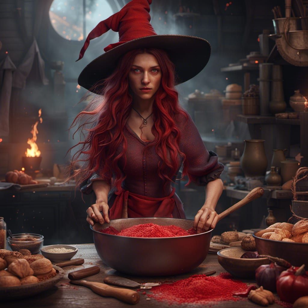 Fantasy Witch Baking a Spell: Detailed Matte Painting