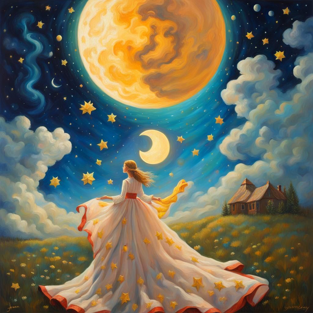 Whimsical Sun, Moon, and Stars Oil Painting