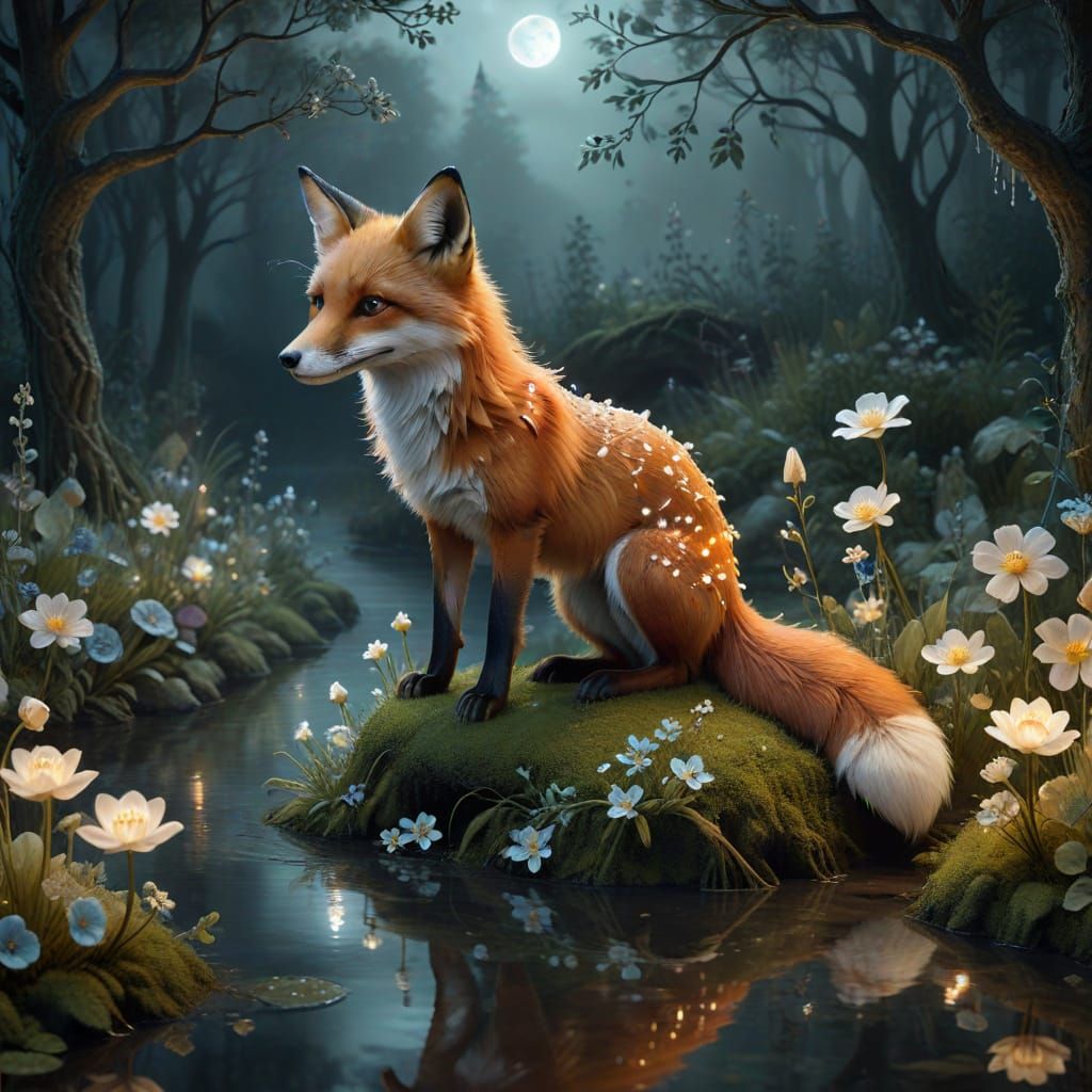 Whimsical Fox with Glass Flowers in Enchanted Forest