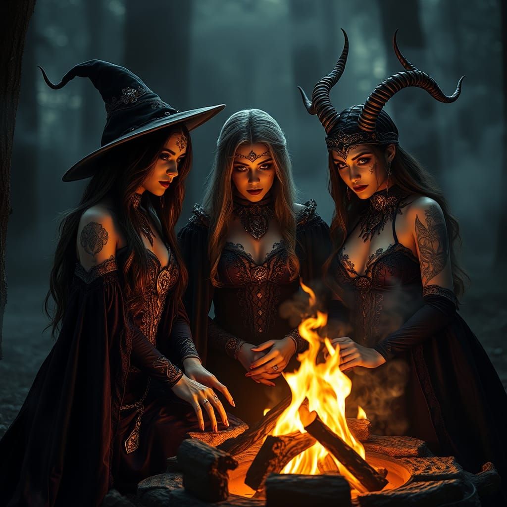 Witches' Coven Gathering in Mystical Forest