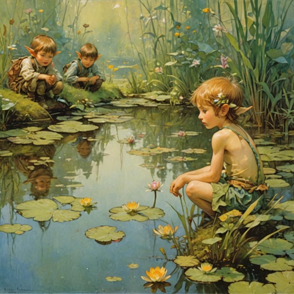 Flower Elf Reflected in Pond: Surreal Digital Art