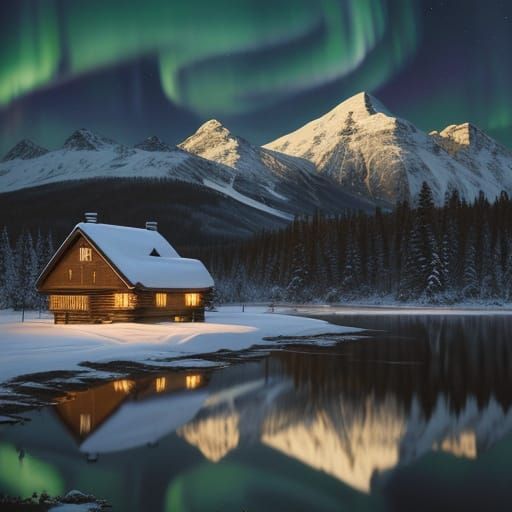 Brown Bear and Cottage Under Northern Lights as Impasto Pain...