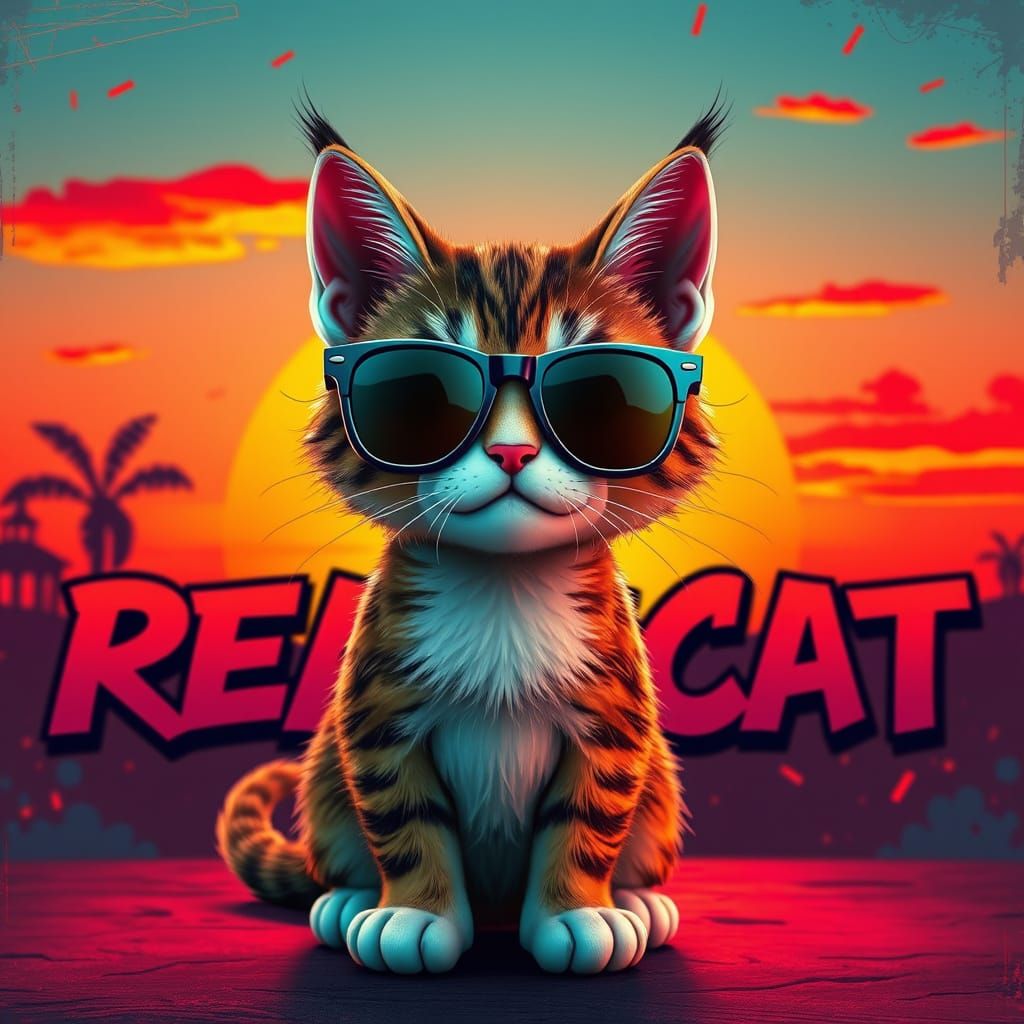 Cute Cat in Retro Sunset with Sunglasses and Typographic Gra...