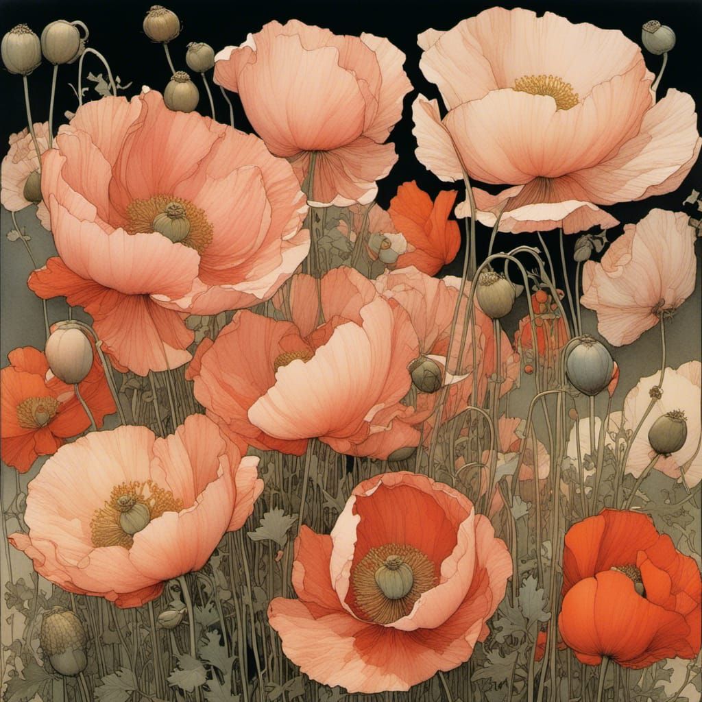 Poppies in Pink Evening Light: Detailed Illustration