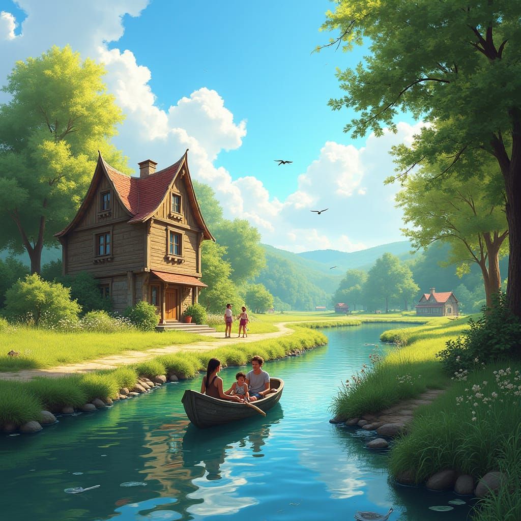 Idyllic Rural Landscape with Family in Boat