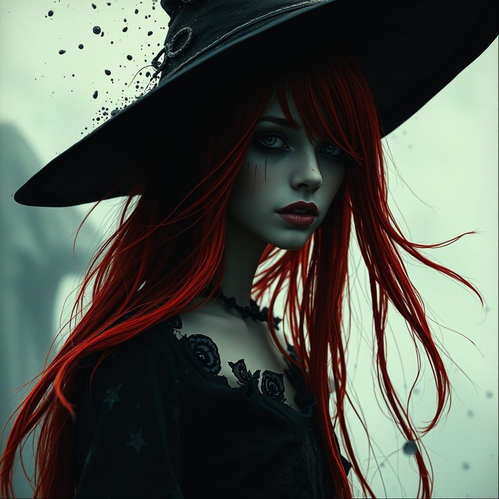 Hyper-Realistic Dark Girl Witch in Ink Splash Illustration